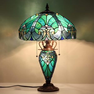 noctavera tiffany table lamp with night light 16 inch large stained glass table light victorian style sea green antique 3 light desk lamp for living room bedroom office