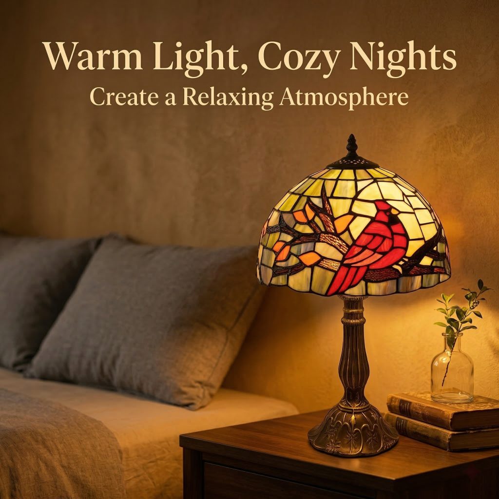 noctavera tiffany style stained glass table lamp, 12" shade 19" tall, vintage cardinal bird design, 3 color led (2700k/4000k/6500k), bedside lamp for bedroom living room home decor