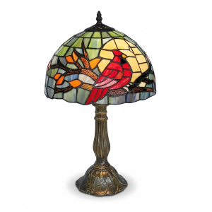 noctavera tiffany style stained glass table lamp, 12" shade 19" tall, vintage cardinal bird design, 3 color led (2700k/4000k/6500k), bedside lamp for bedroom living room home decor