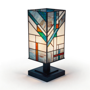 noctavera handcrafted square tiffany style table lamp mission style vintage stained glass accent light with 3 color led bulbs (2700k/4000k/6500k) geometric light for living room, bedroom 15" tall